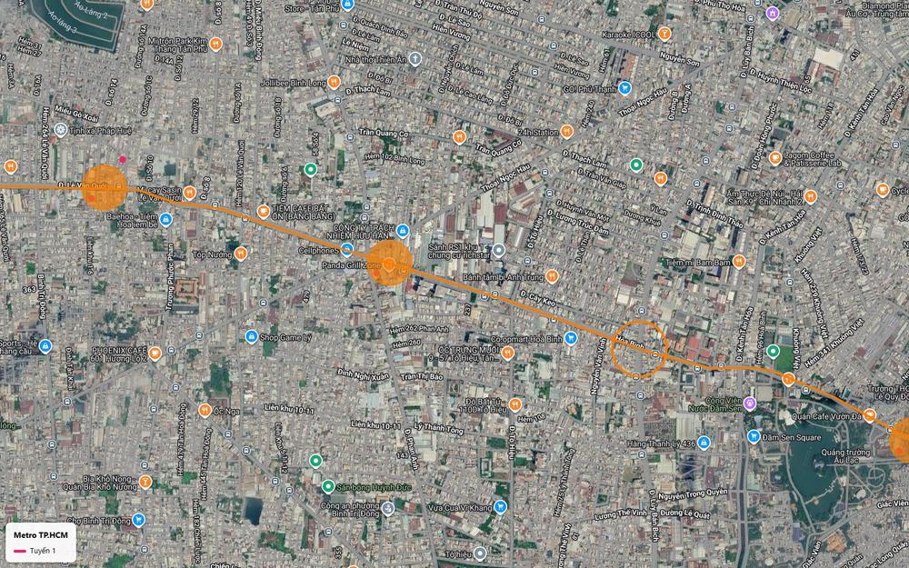 Khung số 10 với tuyến metro số 1 qua khu Richstar quận Tân Phú, cắt đường Hòa Bình về phía công viên Đầm Sen