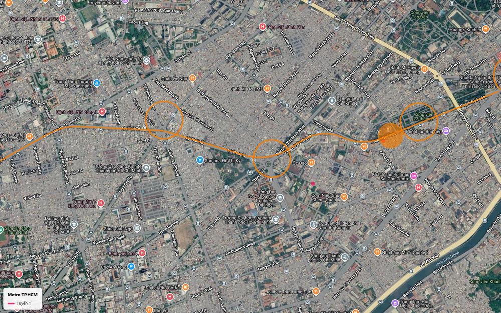 Khung số 14 với tuyến metro số 1 qua vòng xoay Ngã Bảy và ga ngầm Phạm Ngũ Lão cạnh công viên 23 Tháng 9
