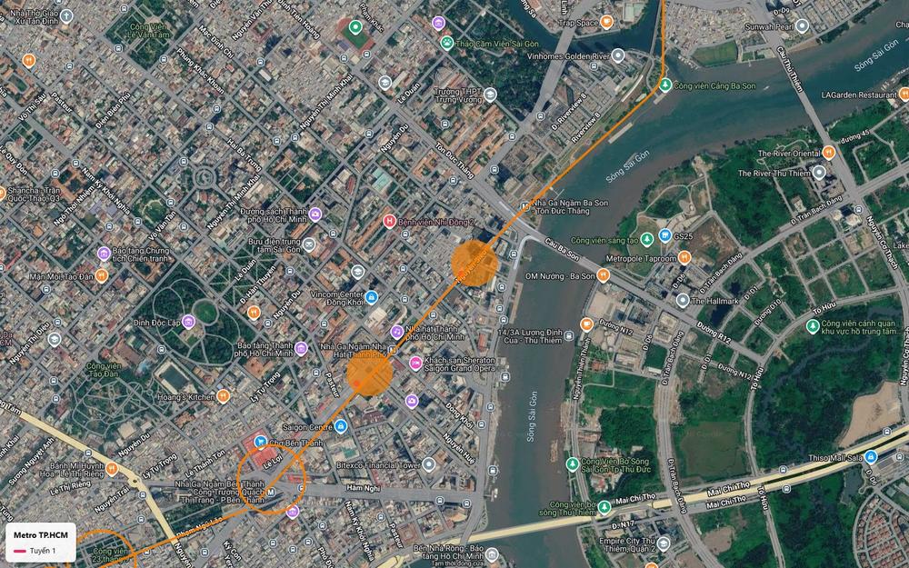 Khung số 16 với ga ngầm Ba Son của tuyến metro số 1 sát mép sông Sài Gòn, gần cầu Ba Son