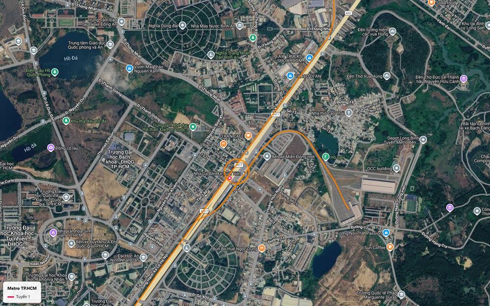 Khung số 27 với ga Bến xe Suối Tiên của tuyến metro số 1 cạnh Bến xe Miền Đông mới và nhánh vào depot