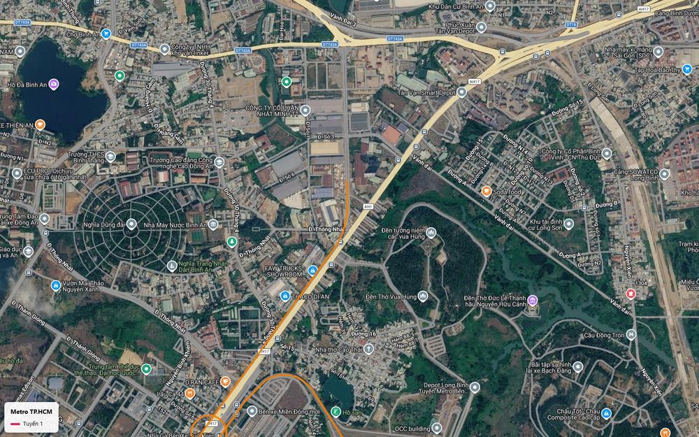 Khung số 28 với đoạn chuyển tiếp của tuyến metro số 1 qua Dĩ An hướng Tân Vạn, gần cảng Bình Dương