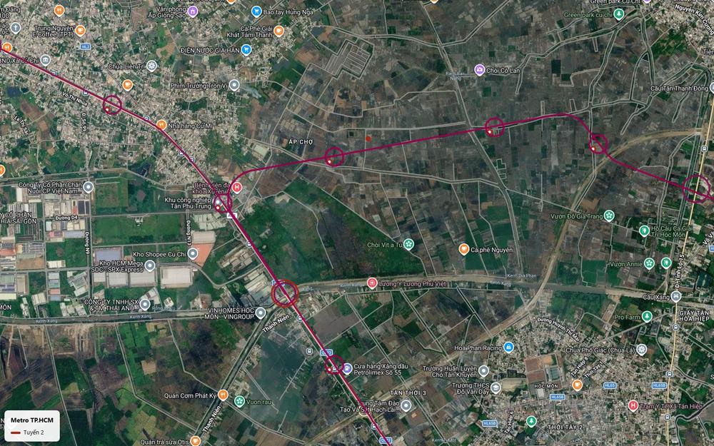 Ảnh vệ tinh cho thấy hai hướng của tuyến metro số 2 TP.HCM ở Củ Chi: trục chính theo Quốc lộ 22 và nhánh đông về Tỉnh lộ 15