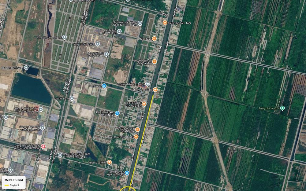 Ảnh vệ tinh điểm đầu tuyến metro số 3 TP.HCM trên trục An Hạ - Thanh Niên, huyện Bình Chánh