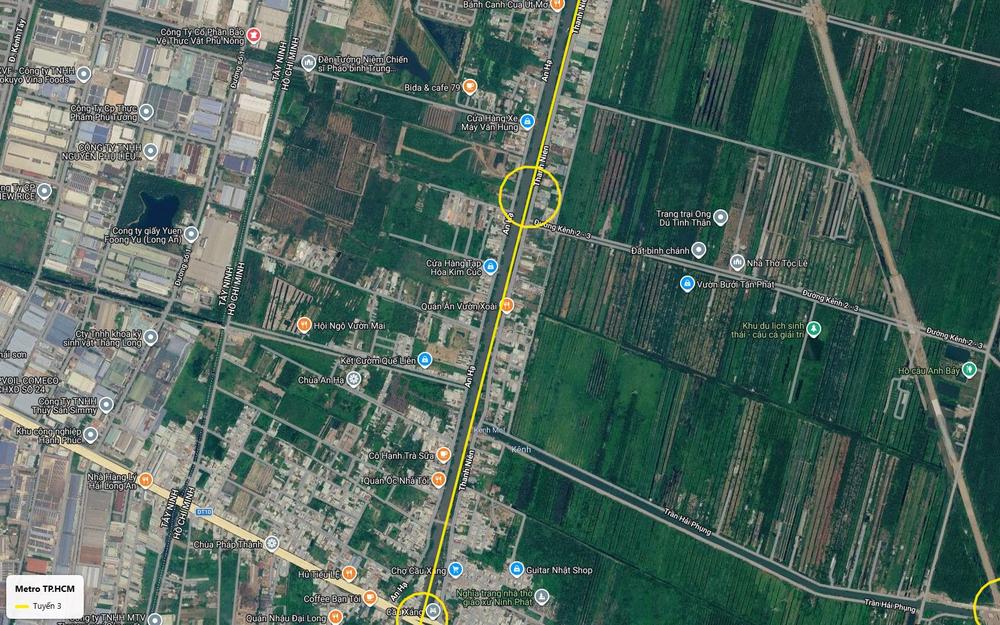 Ảnh vệ tinh ga An Hạ tuyến metro số 3 TP.HCM tại chỗ giao Đường Kênh 2-3, huyện Bình Chánh