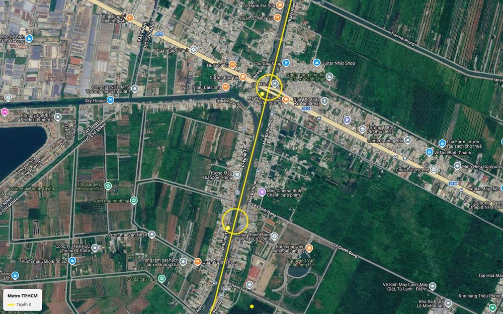 Ảnh vệ tinh ga Cầu Xáng tuyến metro số 3 TP.HCM trên tỉnh lộ DT10, gần nhà thờ Ninh Phát, Bình Chánh