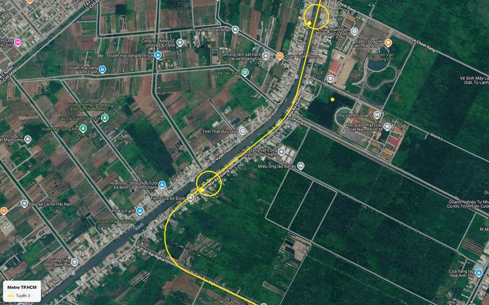 Ảnh vệ tinh tuyến metro số 3 TP.HCM chuyển từ Vườn Thơm - Mai Bá Hương sang Trần Đại Nghĩa, Bình Chánh