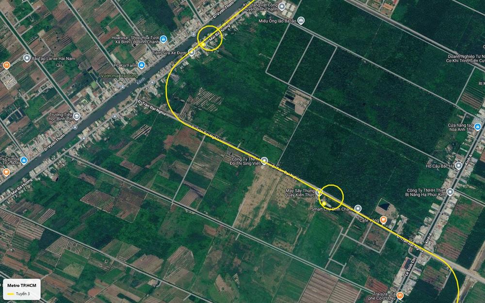 Ảnh vệ tinh ga tuyến metro số 3 TP.HCM cạnh Smart City Bình Chánh và đô thị Sing Việt trên Trần Đại Nghĩa