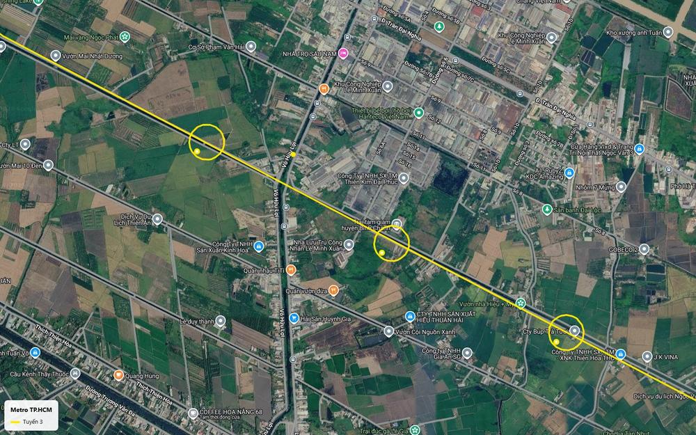 Ảnh vệ tinh hai ga tuyến metro số 3 TP.HCM tại vùng đệm khu công nghiệp Lê Minh Xuân, đường Võ Hữu Lợi