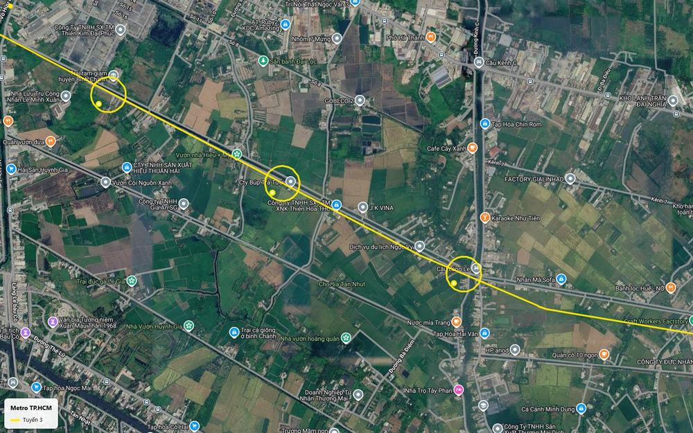 Ảnh vệ tinh ga tuyến metro số 3 TP.HCM tại cầu Láng Le, vùng Láng Le - Bàu Cò, đường Kinh C, Bình Chánh