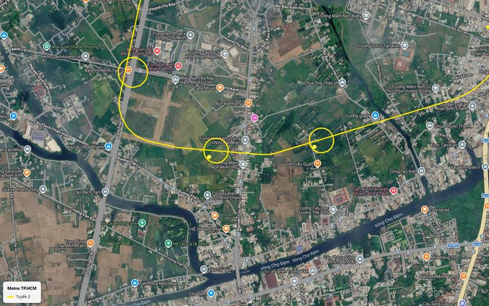 Ảnh vệ tinh tuyến metro số 3 TP.HCM men khu dân cư Tân Kiên bên sông Chợ Đệm, thị tứ Chợ Đệm, Bình Chánh