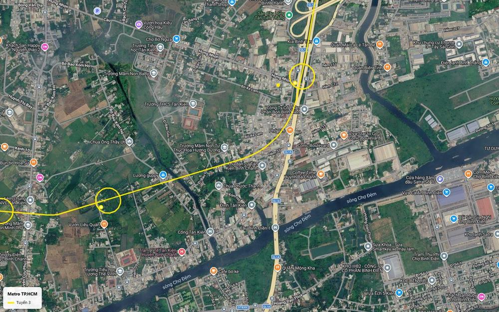 Ảnh vệ tinh ga tuyến metro số 3 TP.HCM vượt Quốc lộ 1A tại Hưng Nhơn, gần chợ đầu mối Bình Điền