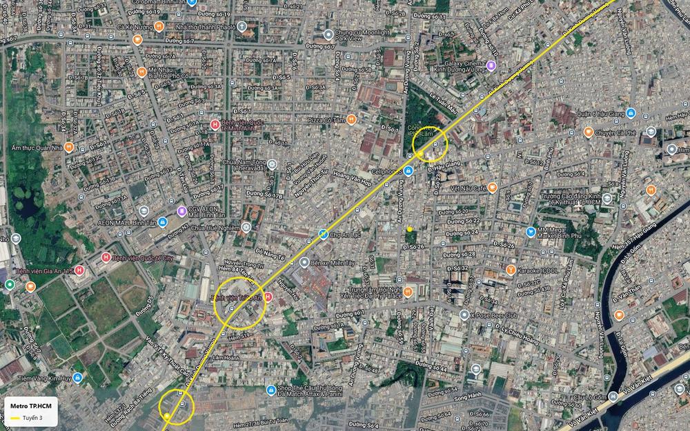 Ảnh vệ tinh ga Công viên Phú Lâm tuyến metro số 3 TP.HCM trên Kinh Dương Vương, gần AEON Mall Bình Tân