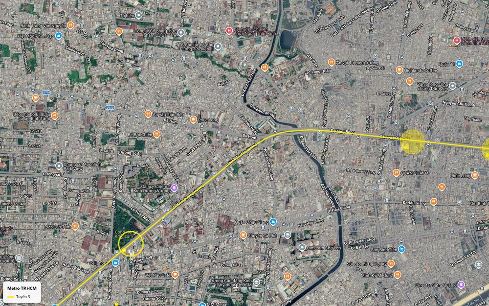 Ảnh vệ tinh ga ngầm tuyến metro số 3 TP.HCM tại khu cầu vượt Cây Gõ, nhập trục Hồng Bàng, Quận 6