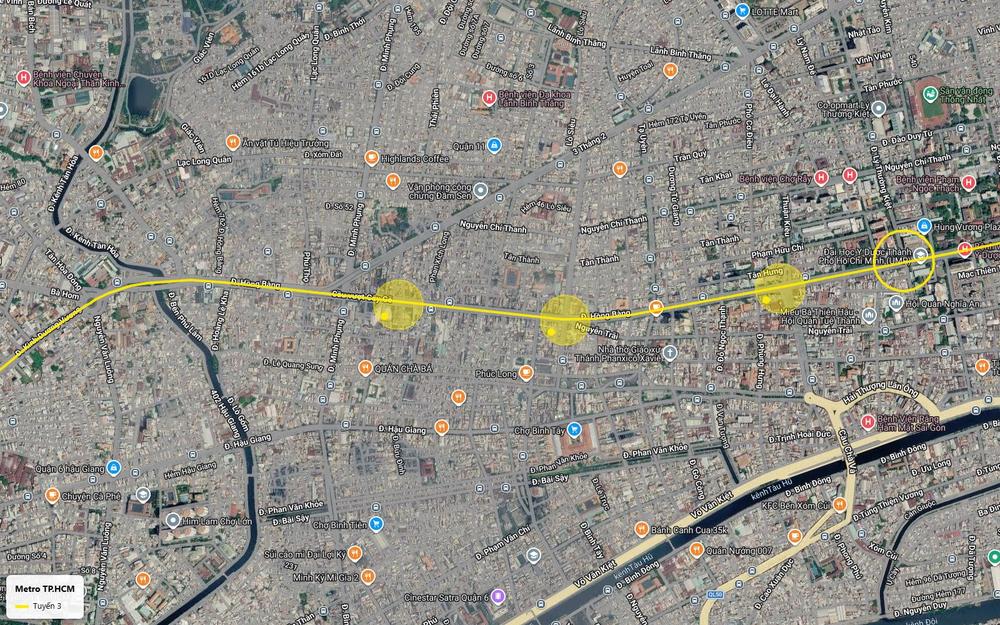 Ảnh vệ tinh chuỗi ga ngầm tuyến metro số 3 TP.HCM dưới Hồng Bàng qua Chợ Lớn, gần Bệnh viện Chợ Rẫy