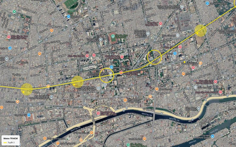 Ảnh vệ tinh ga Đại học Y Dược và Nguyễn Tri Phương tuyến metro số 3 TP.HCM trên Hùng Vương, gần chợ An Đông
