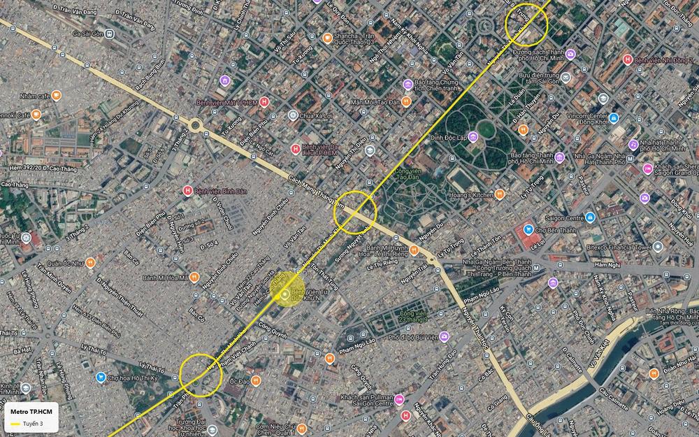 Ảnh vệ tinh tuyến metro số 3 TP.HCM ngầm dưới Nguyễn Thị Minh Khai qua Tao Đàn, Dinh Độc Lập, gần Bến Thành