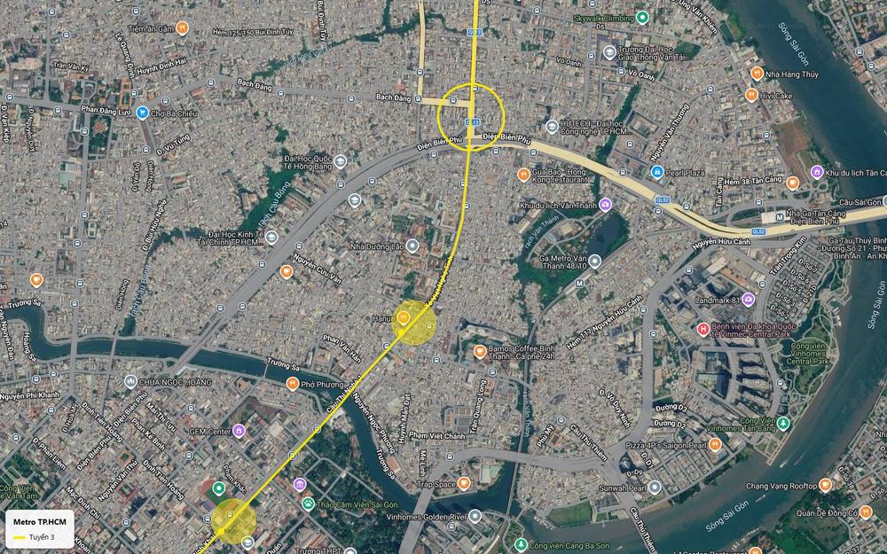Ảnh vệ tinh tuyến metro số 3 TP.HCM theo Xô Viết Nghệ Tĩnh qua Văn Thánh và ngã tư Hàng Xanh, gần Landmark 81