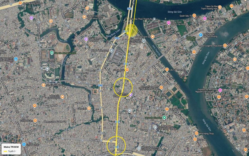Ảnh vệ tinh tuyến metro số 3 TP.HCM dọc Quốc lộ 13 qua Bến xe Miền Đông, kênh Thanh Đa, đầu cầu Bình Triệu