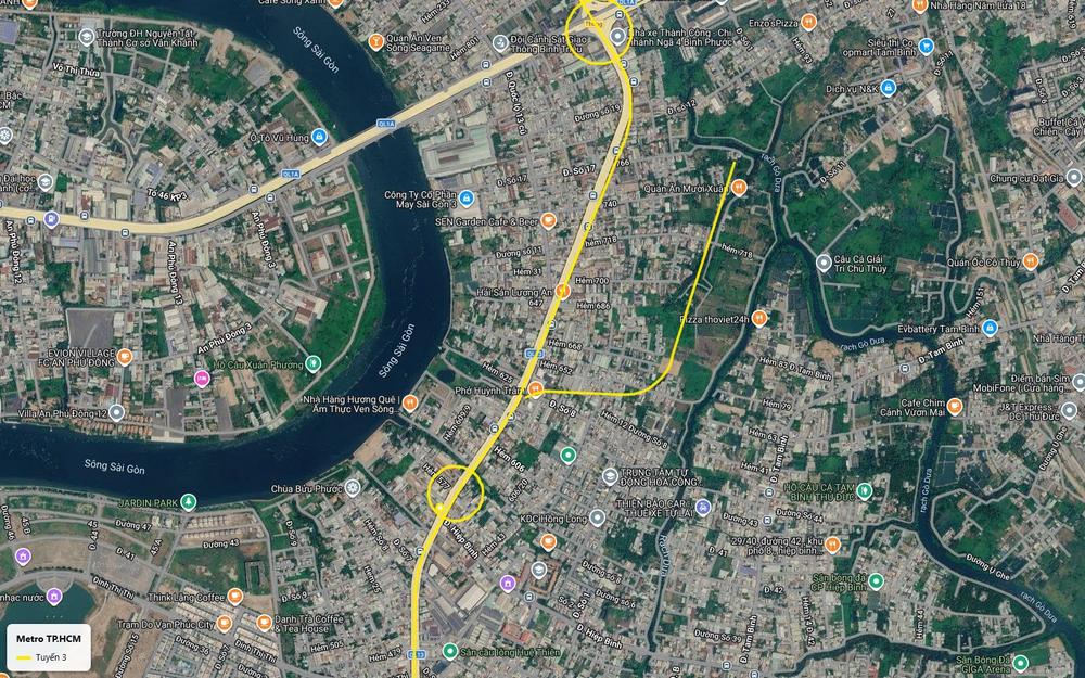 Ảnh vệ tinh tuyến metro số 3 TP.HCM đoạn cuối Quốc lộ 13 tiến về ngã tư Bình Phước, gần chợ đầu mối Thủ Đức