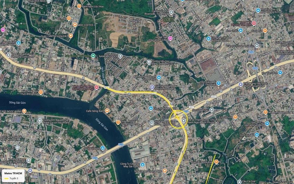 Ảnh vệ tinh ga cuối tuyến metro số 3 TP.HCM tại ngã tư Bình Phước, giao Quốc lộ 13 - Quốc lộ 1A, gần chợ đầu mối Thủ Đức