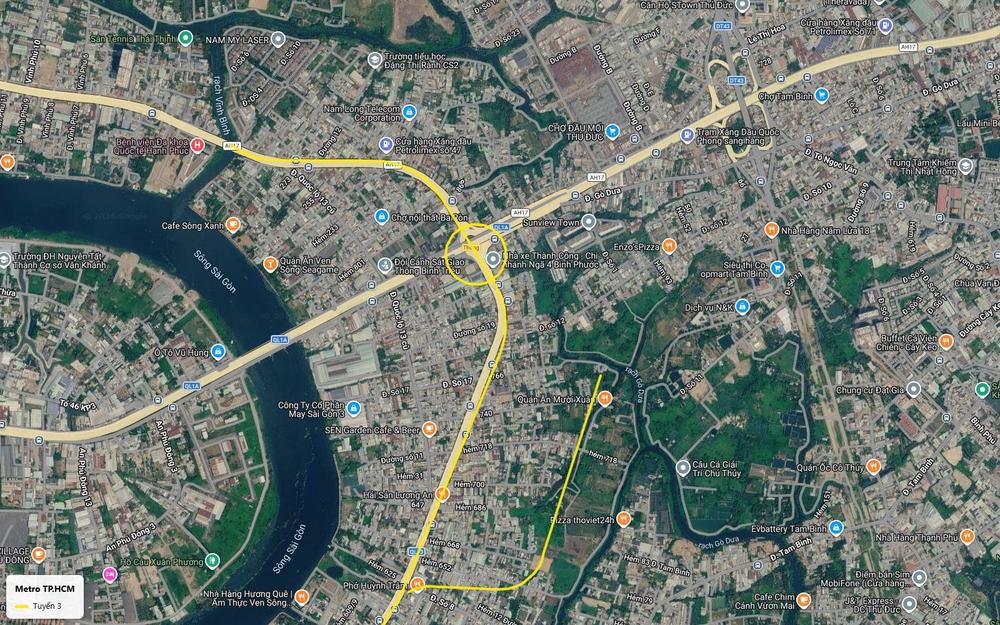Ảnh vệ tinh nhánh depot tuyến metro số 3 TP.HCM men rạch Gò Dưa khu Hiệp Bình - Tam Bình, Thủ Đức
