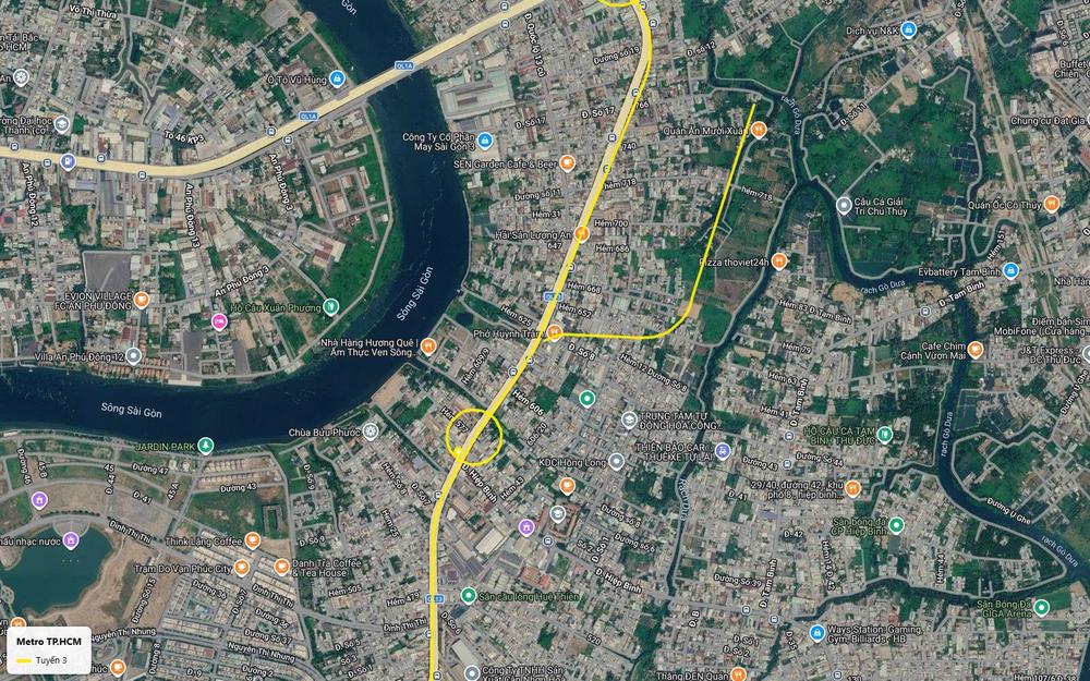 Ảnh vệ tinh điểm cuối nhánh depot tuyến metro số 3 TP.HCM ven rạch Gò Dưa, phường Hiệp Bình, TP Thủ Đức