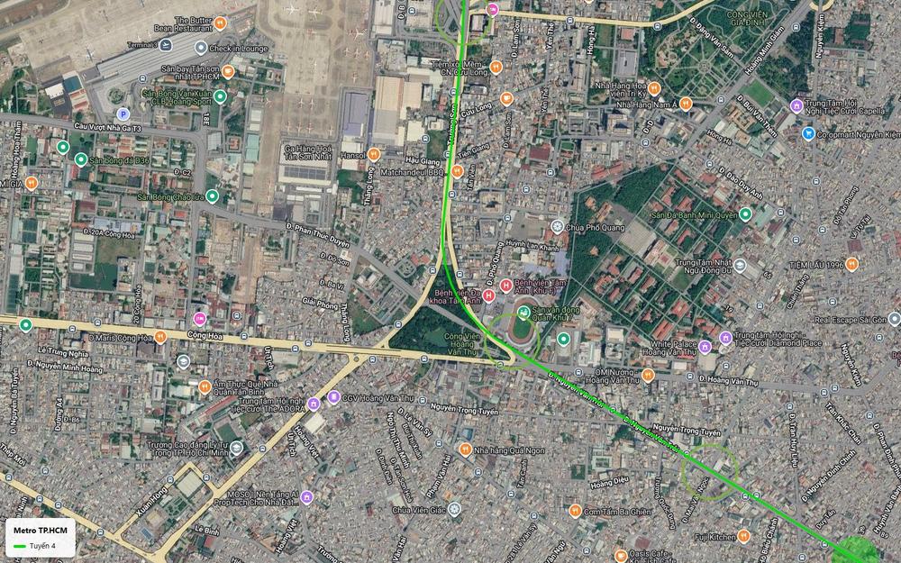 Bản đồ tuyến metro số 4 đoạn Trường Sơn công viên Hoàng Văn Thụ rẽ vào Nguyễn Văn Trỗi Phú Nhuận