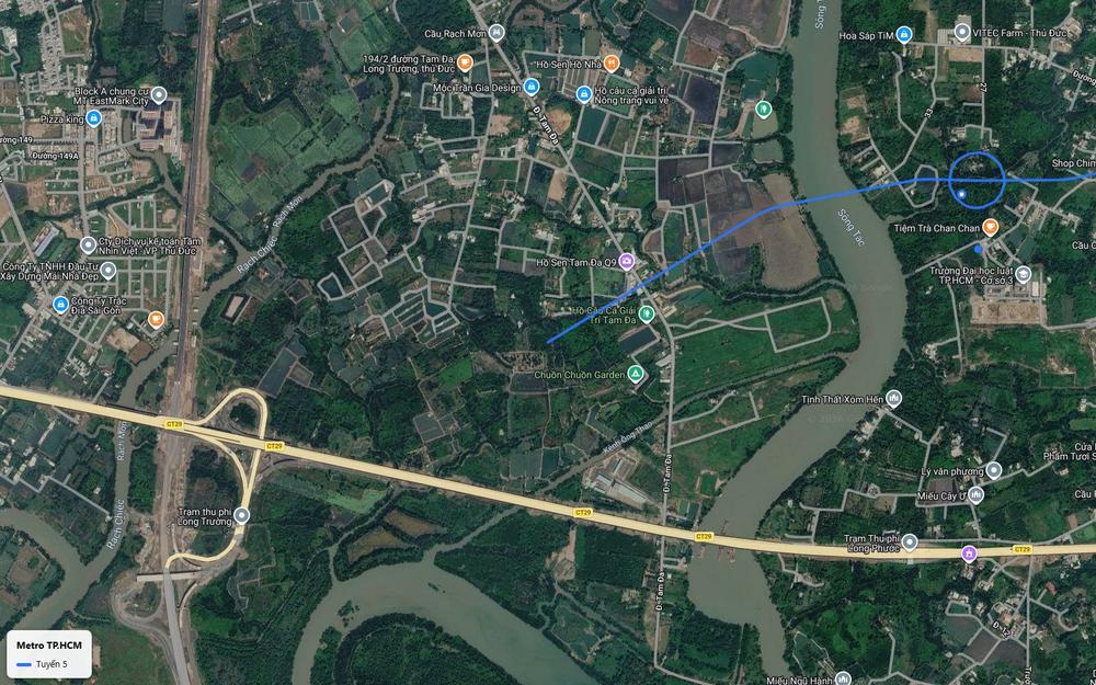 Ảnh vệ tinh số 1 dọc tuyến metro số 5 TP.HCM tại khu Tam Đa, Long Trường, TP Thủ Đức