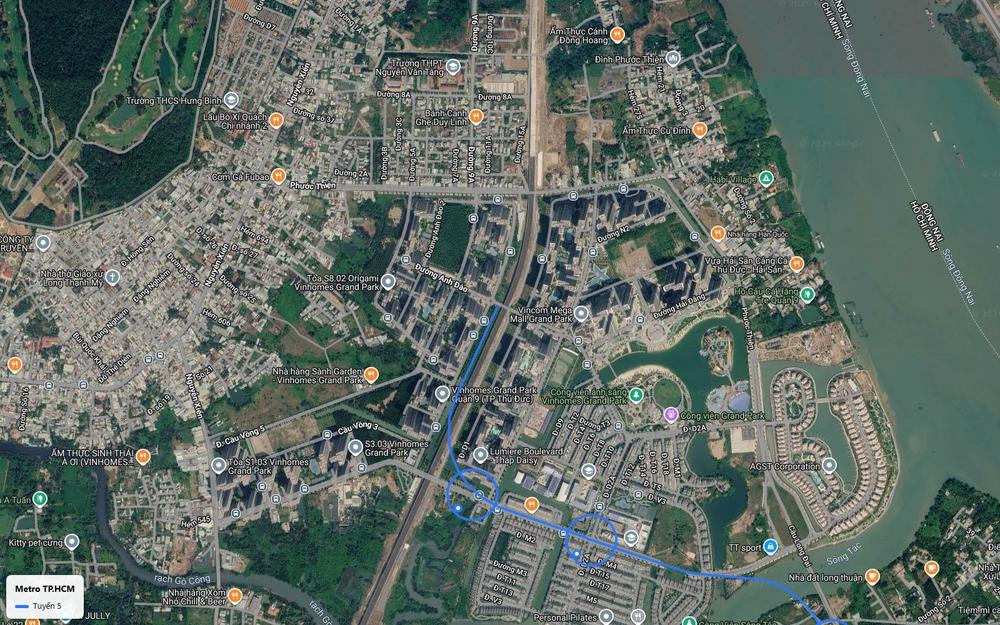 Ảnh vệ tinh số 6 tuyến metro số 5 xuyên Vinhomes Grand Park gần Vincom Mega Mall Grand Park