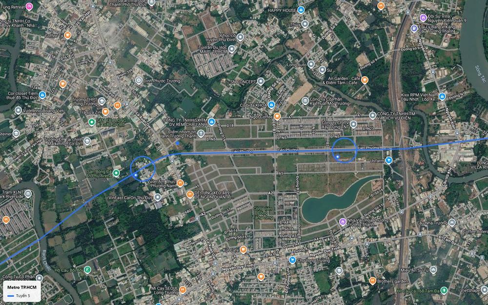 Ảnh vệ tinh số 10 tuyến metro số 5 dọc Liên Phường qua Trường Thạnh cạnh Đông Tăng Long