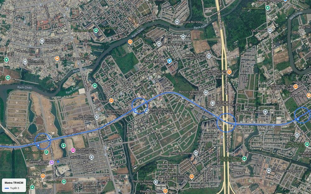 Ảnh vệ tinh số 12 tuyến metro số 5 vượt rạch Chiếc, giao Đỗ Xuân Hợp gần The Global City