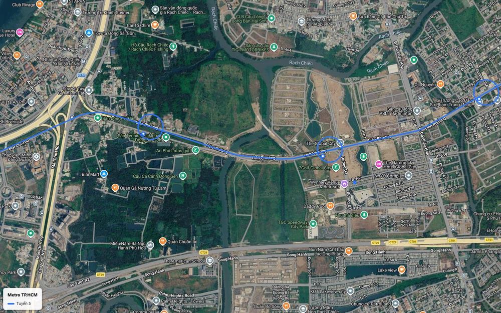 Ảnh vệ tinh số 13 tuyến metro số 5 giữa The Global City và sân vận động quốc gia Rạch Chiếc