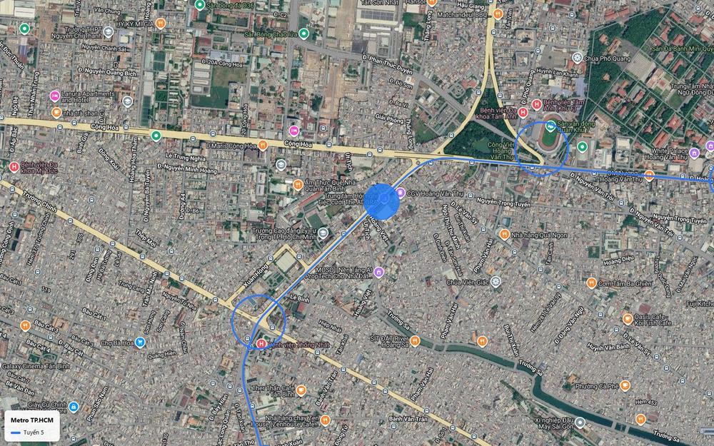 Ảnh vệ tinh số 19 tuyến metro số 5 qua Lăng Cha Cả và Bệnh viện Thống Nhất, Tân Bình