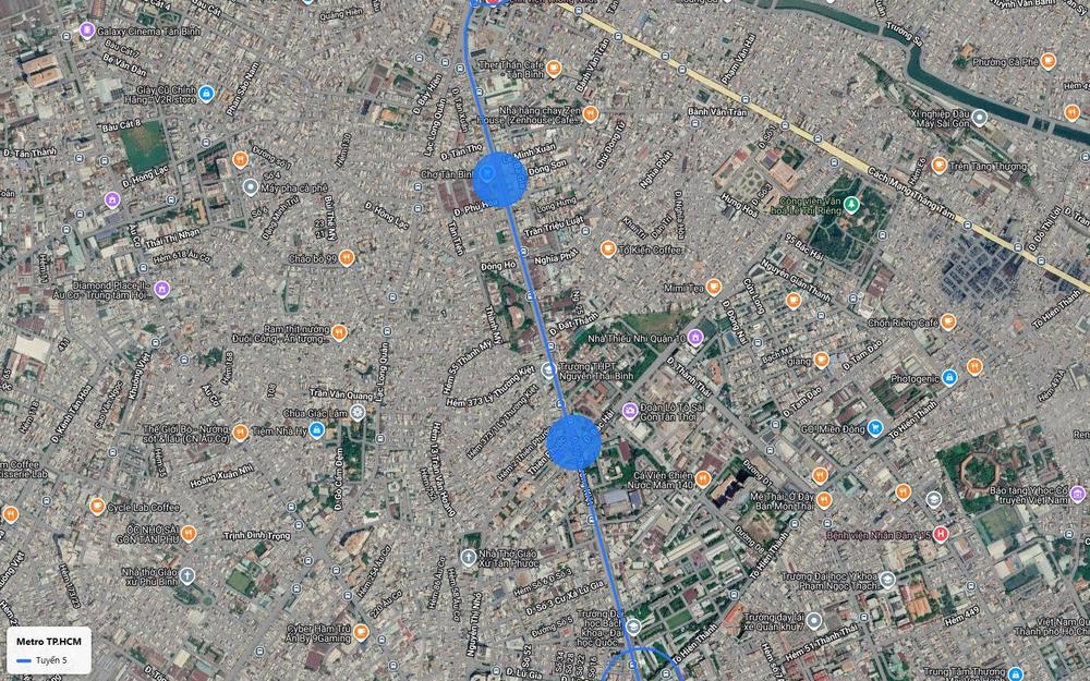 Ảnh vệ tinh số 20 tuyến metro số 5 với hai vùng ga ngầm trên Lý Thường Kiệt, chợ Tân Bình và Bắc Hải