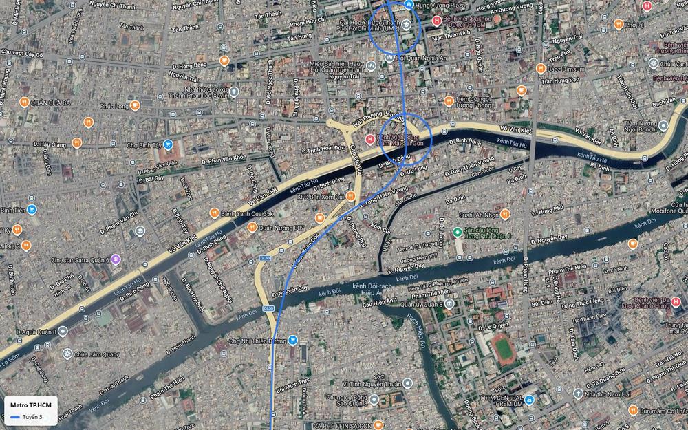 Ảnh vệ tinh số 22 tuyến metro số 5 vượt kênh Tàu Hủ và kênh Đôi vào Quận 8