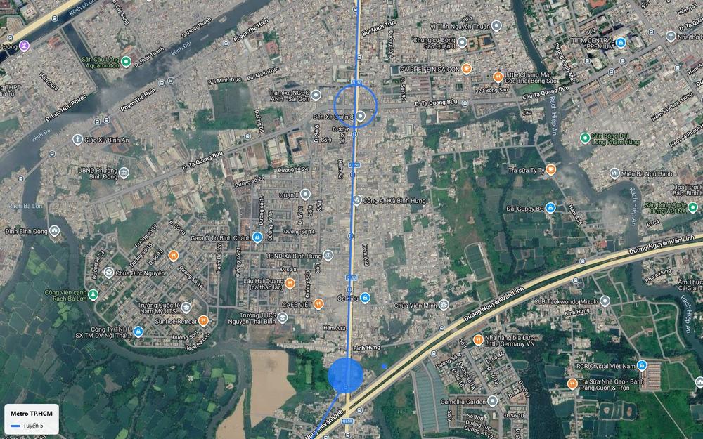 Ảnh vệ tinh số 23 tuyến metro số 5 dọc Quốc lộ 50 qua Bình Hưng, giao Nguyễn Văn Linh