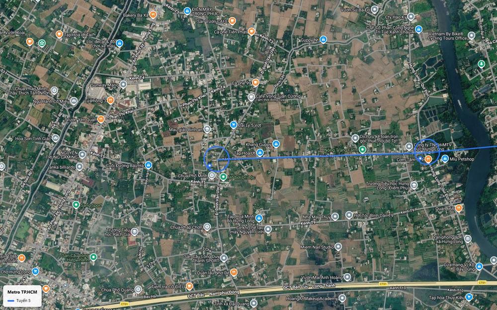 Ảnh vệ tinh số 28 điểm cuối nhánh Hưng Long tuyến metro số 5 gần kênh T5, đường Đinh Văn Ước