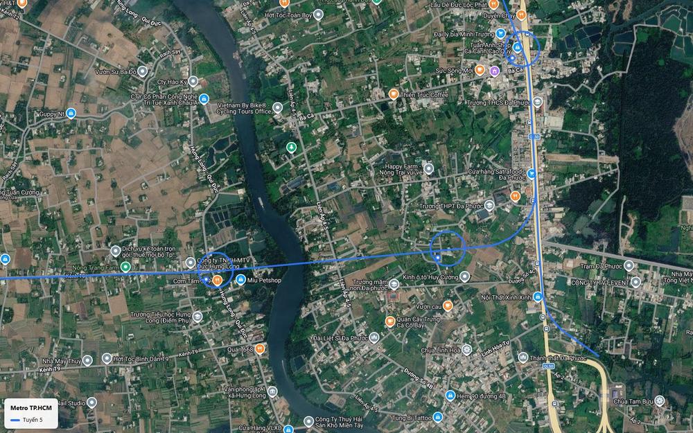 Ảnh vệ tinh số 29 tuyến metro số 5 tách khỏi Quốc lộ 50 tại Đa Phước, uốn về Đông Nam