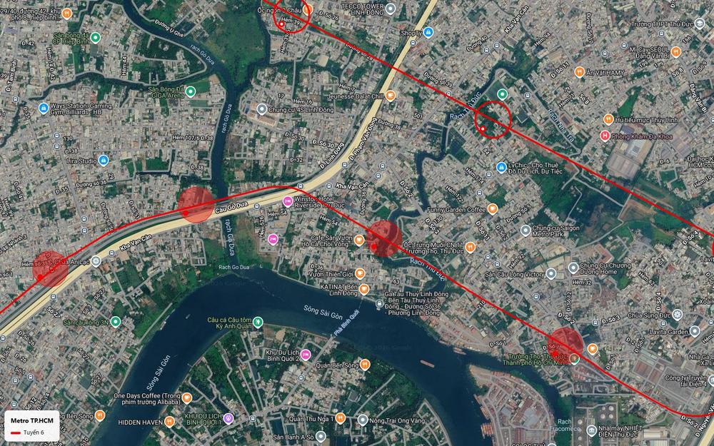 Vòng vành đai tuyến metro số 6 theo Kha Vạn Cân qua Trường Thọ trong khi nhánh Bắc cắt chéo Linh Đông rạch Thủ Đức