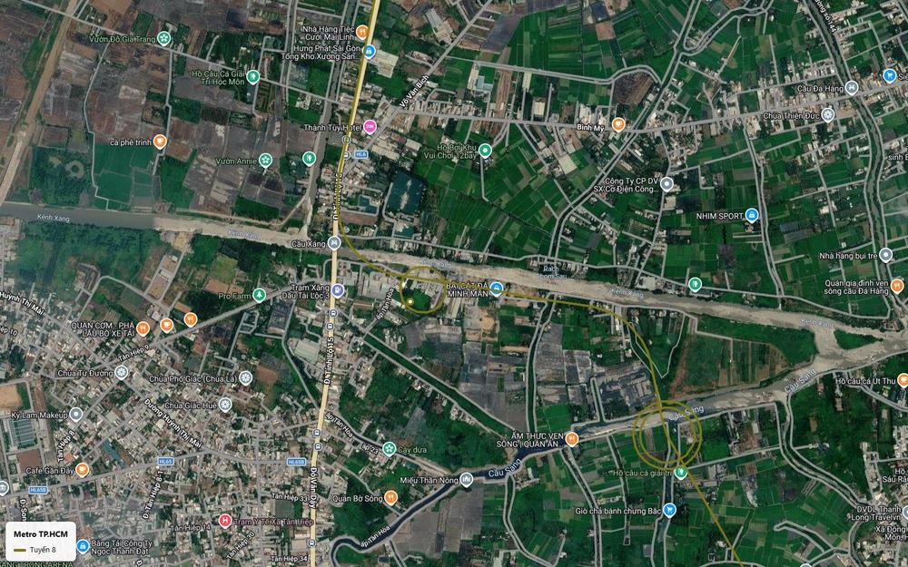 Ảnh vệ tinh tuyến metro số 8 vượt kênh Xáng khu cầu Xáng sang xã Tân Hiệp huyện Hóc Môn