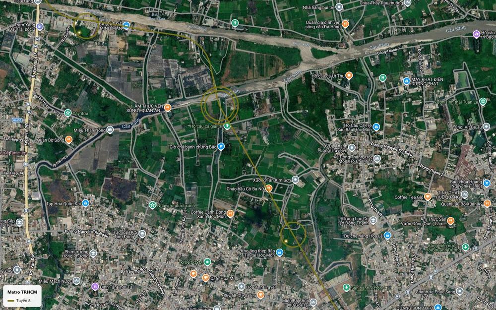 Ảnh vệ tinh tuyến metro số 8 cắt chéo vùng ruộng xã Đông Thạnh Hóc Môn gần khu Cầu Sáng