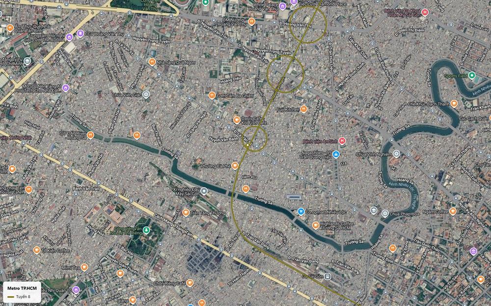 Ảnh vệ tinh tuyến metro số 8 qua Phú Nhuận vượt kênh Nhiêu Lộc Thị Nghè về khu Ga Sài Gòn