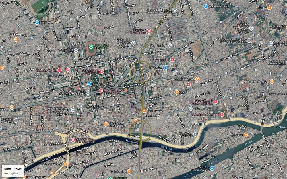 Ảnh vệ tinh tuyến metro số 8 dọc Nguyễn Tri Phương qua chợ An Đông vượt kênh Tàu Hủ sang Quận 8