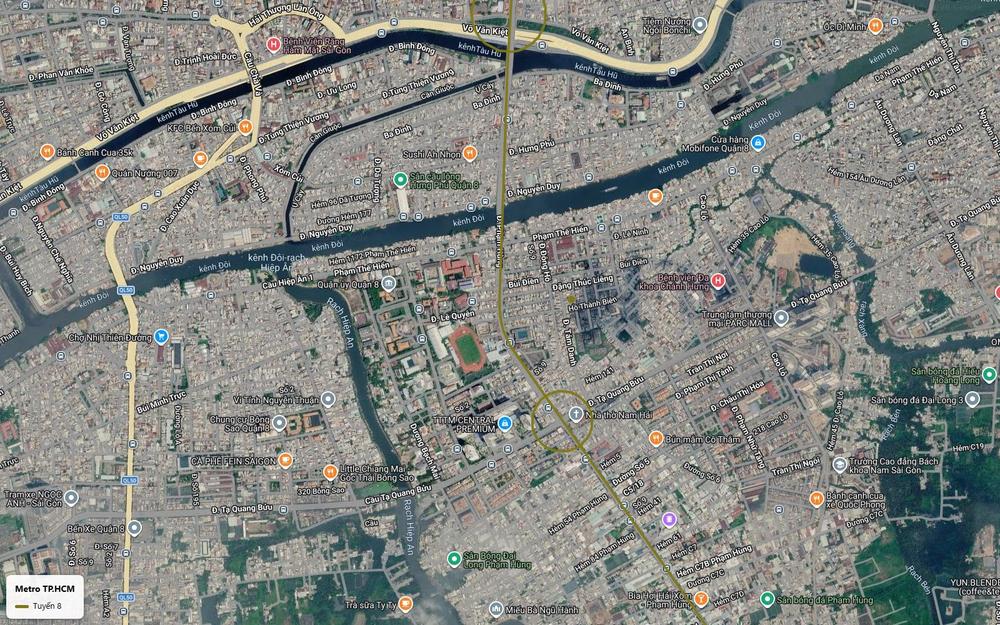 Ảnh vệ tinh tuyến metro số 8 tại Quận 8 dọc đường Phạm Hùng vượt kênh Đôi ga gần nhà thờ Nam Hải