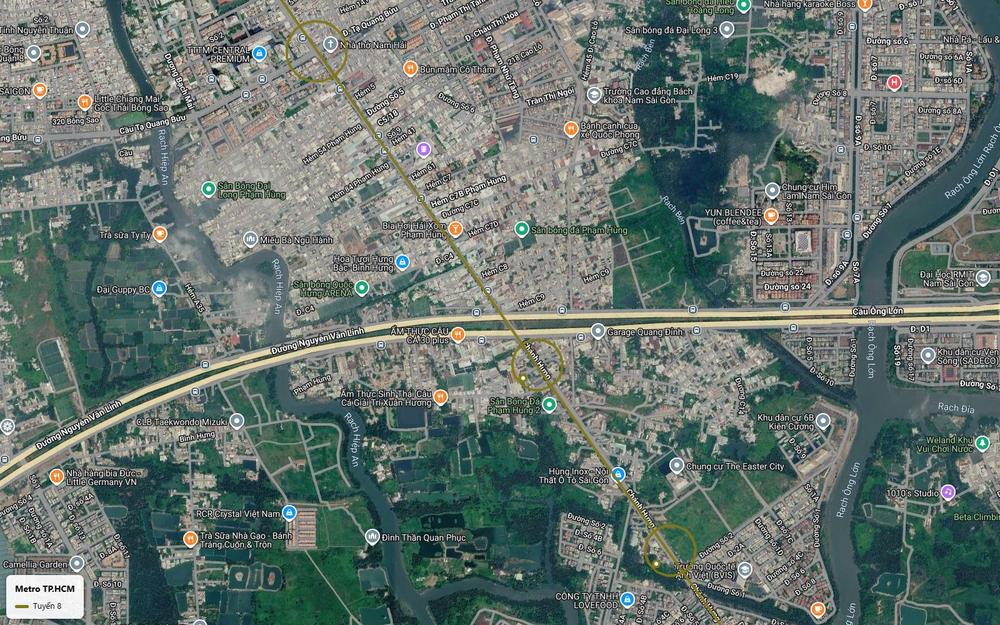 Ảnh vệ tinh tuyến metro số 8 cắt đại lộ Nguyễn Văn Linh gần cầu Ông Lớn qua Bình Hưng gần RMIT Nam Sài Gòn