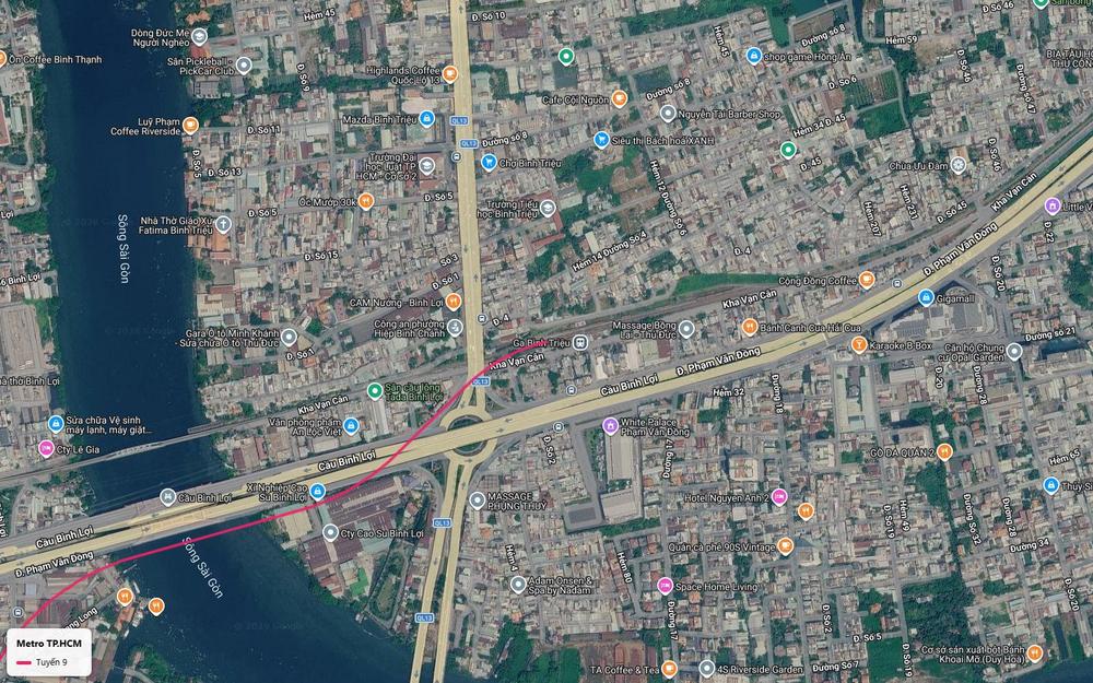 Ảnh vệ tinh khu ga Bình Triệu điểm đầu tuyến metro số 9 với Quốc lộ 13 và Phạm Văn Đồng
