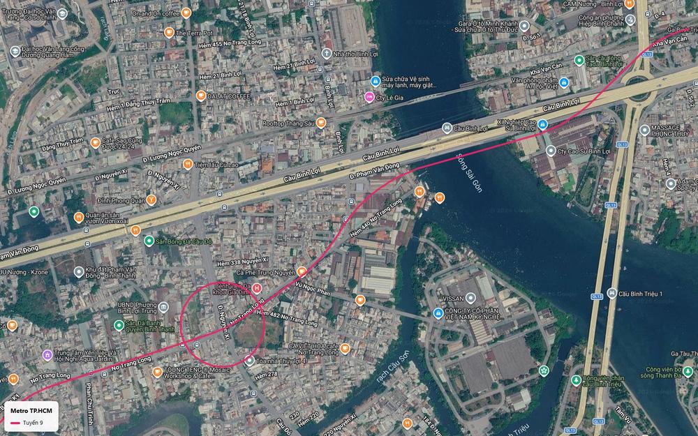 Tuyến metro số 9 cắt qua sông Sài Gòn ở hành lang cầu Bình Lợi vào quận Bình Thạnh